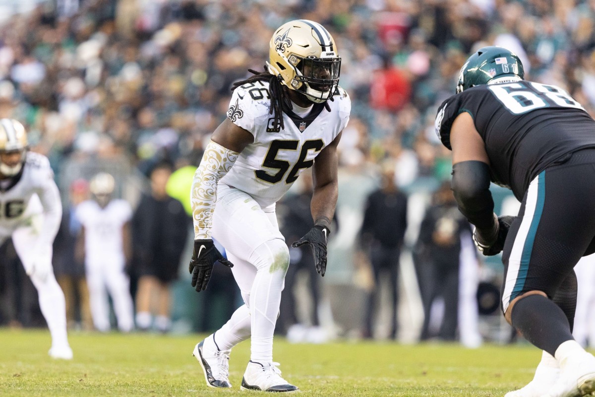 Nov 21, 2021; New Orleans Saints linebacker Demario Davis (56) in action against the Philadelphia Eagles. Mandatory Credit: Bill Streicher-USA TODAY